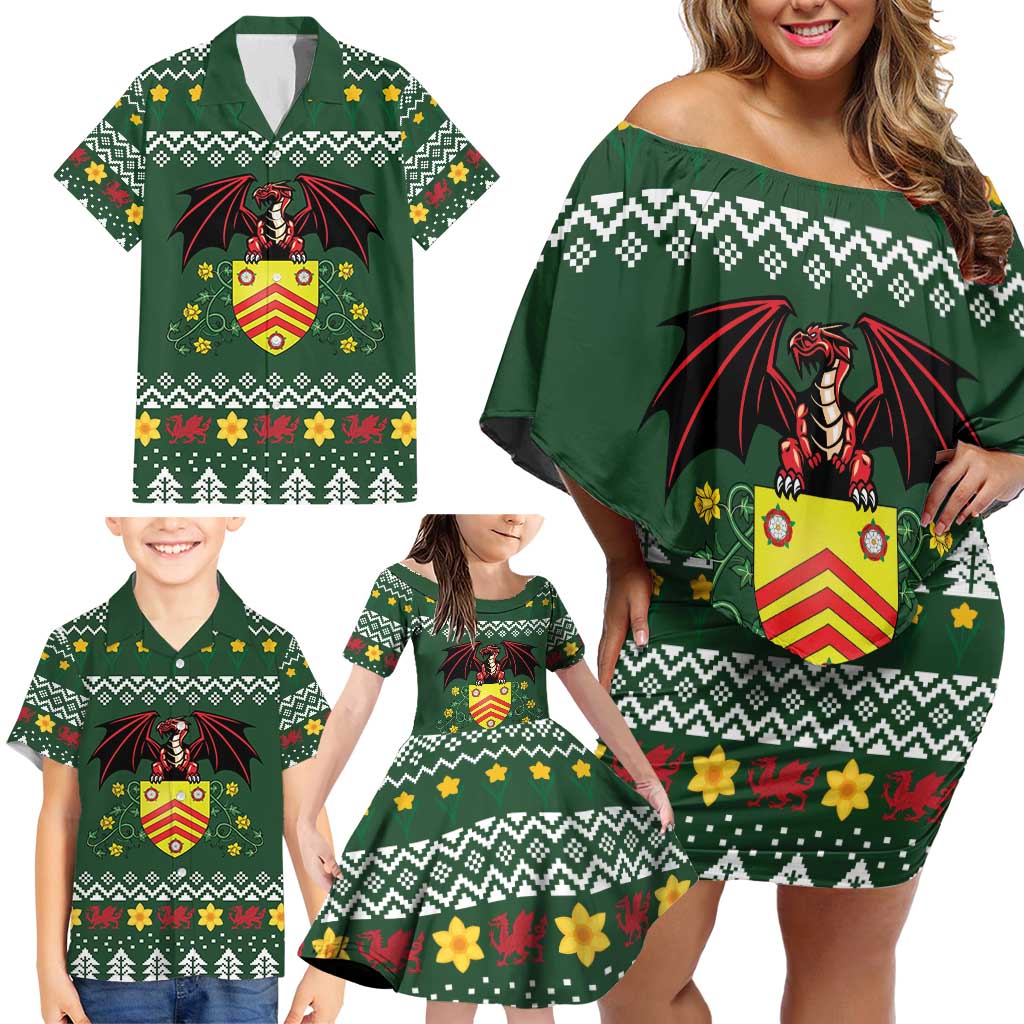 Glamorgan Wales Christmas Family Matching Off Shoulder Short Dress and Hawaiian Shirt Cymru Dragon And Daffodil - Wonder Print Shop