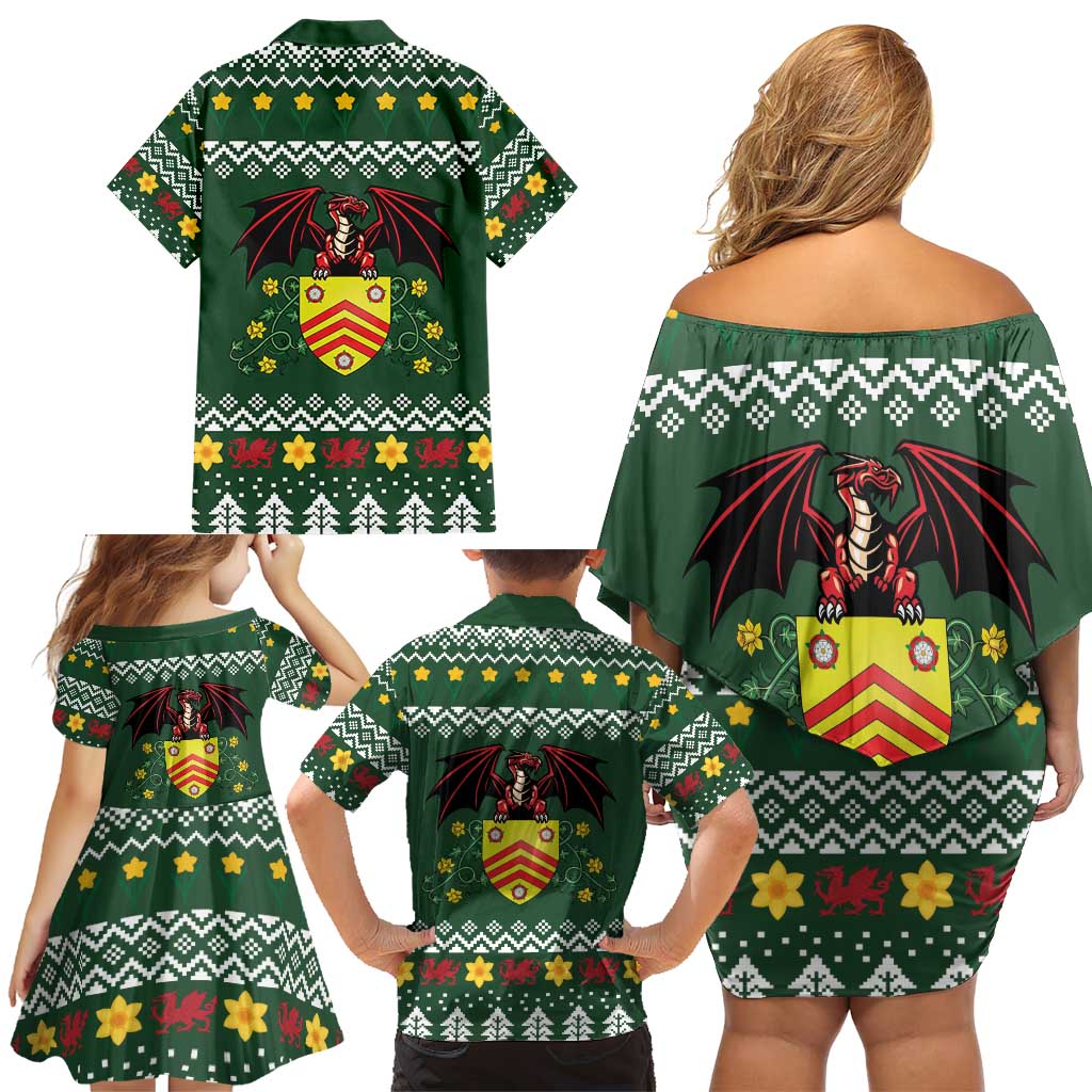 Glamorgan Wales Christmas Family Matching Off Shoulder Short Dress and Hawaiian Shirt Cymru Dragon And Daffodil - Wonder Print Shop