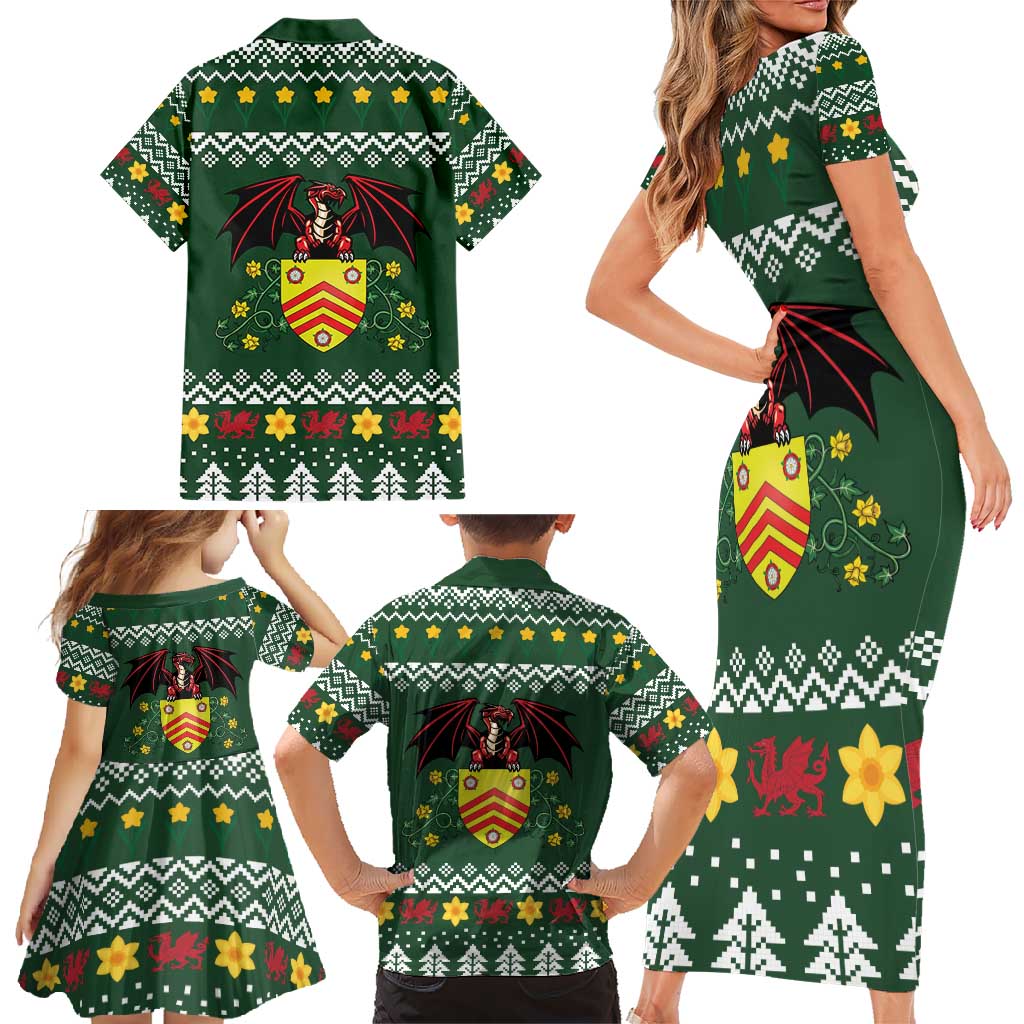 Glamorgan Wales Christmas Family Matching Short Sleeve Bodycon Dress and Hawaiian Shirt Cymru Dragon And Daffodil - Wonder Print Shop