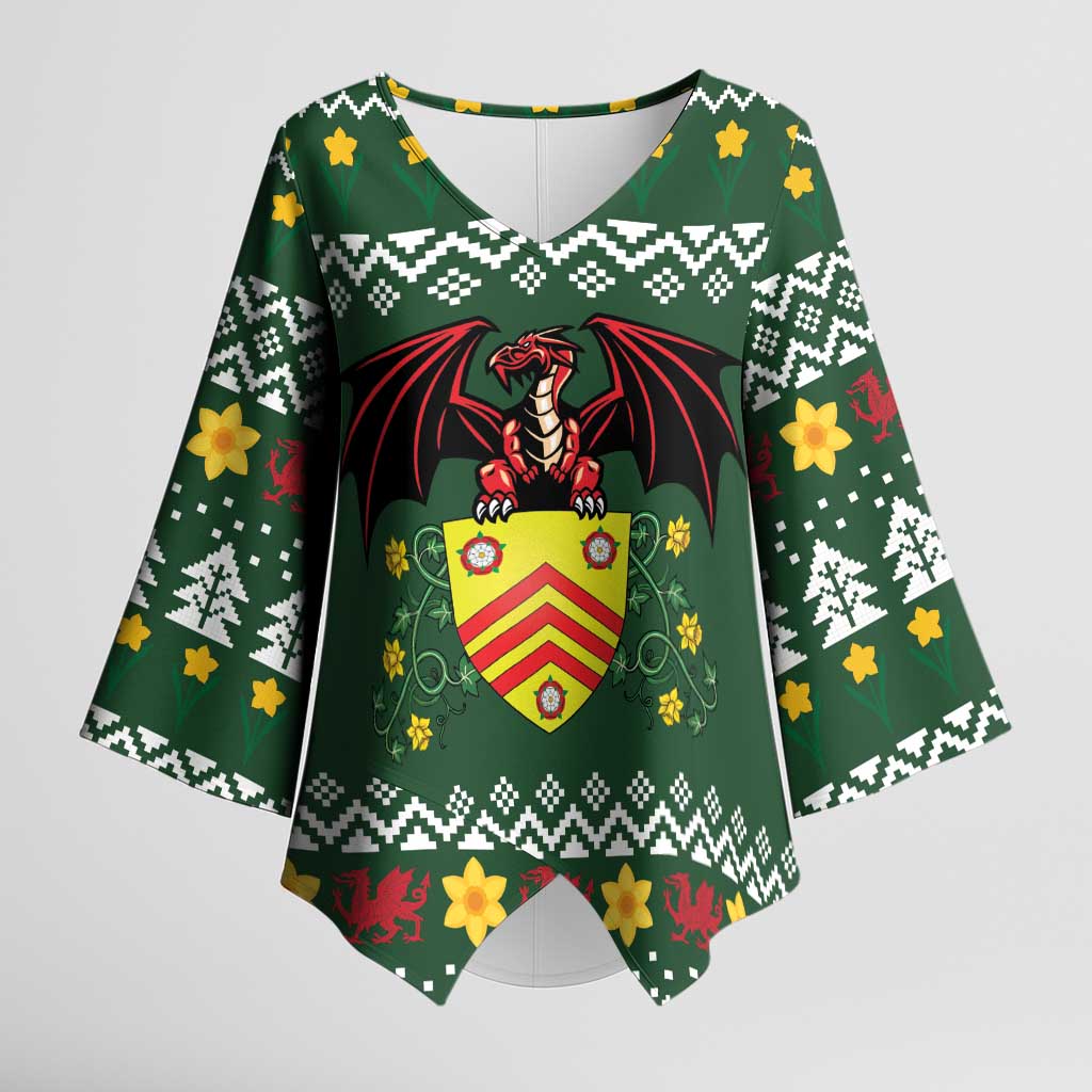 Glamorgan Wales Christmas Kimono Sleeve Blouse Cymru Dragon And Daffodil - Wonder Print Shop