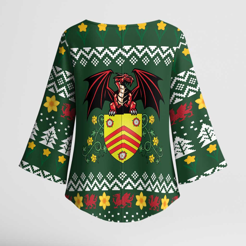 Glamorgan Wales Christmas Kimono Sleeve Blouse Cymru Dragon And Daffodil - Wonder Print Shop