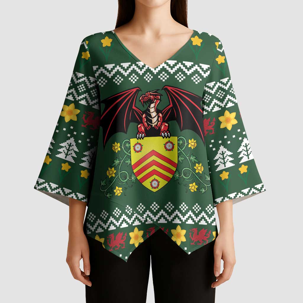 Glamorgan Wales Christmas Kimono Sleeve Blouse Cymru Dragon And Daffodil - Wonder Print Shop