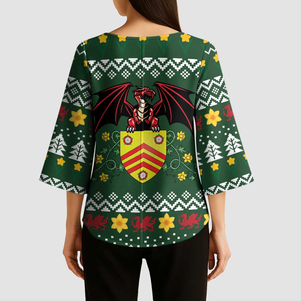 Glamorgan Wales Christmas Kimono Sleeve Blouse Cymru Dragon And Daffodil - Wonder Print Shop