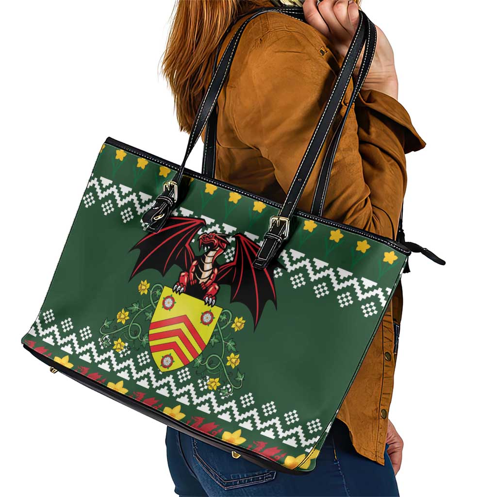 Glamorgan Wales Christmas Leather Tote Bag Cymru Dragon And Daffodil - Wonder Print Shop