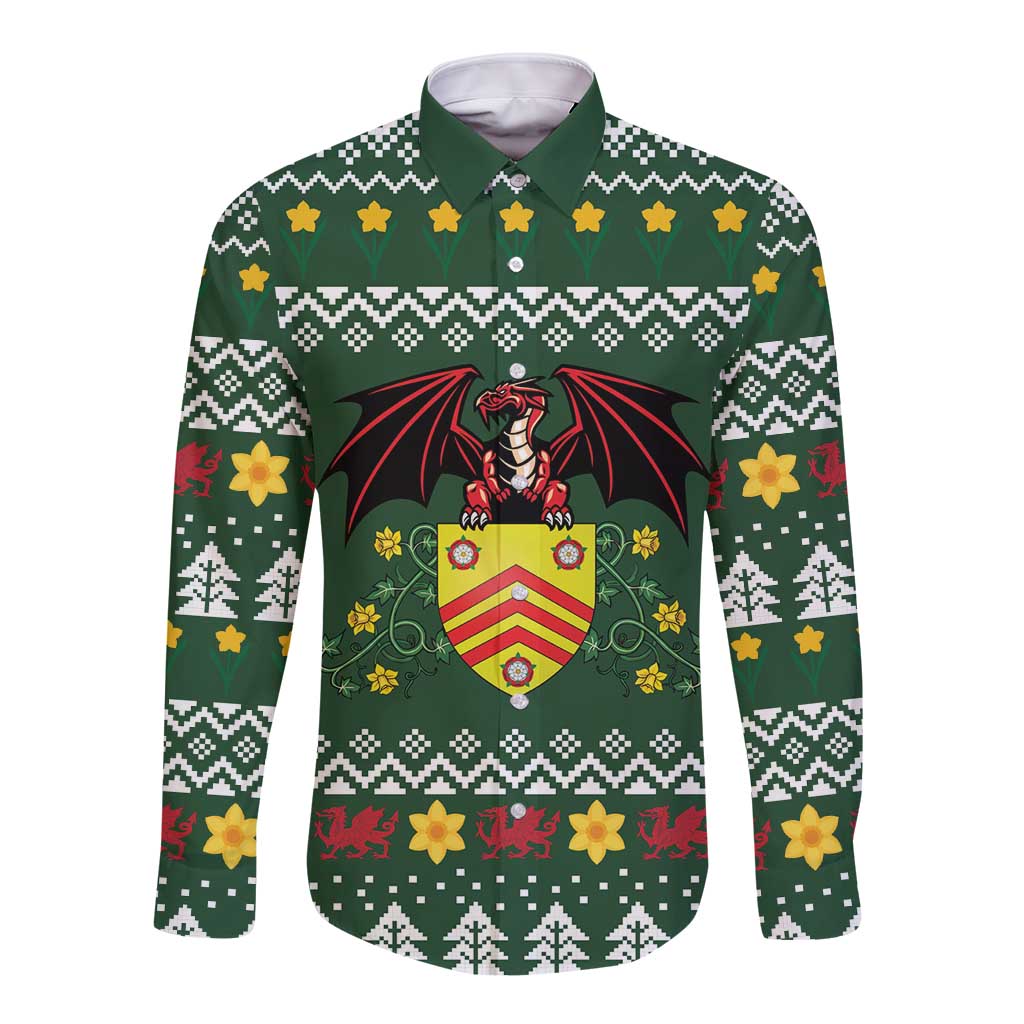 Glamorgan Wales Christmas Long Sleeve Button Shirt Cymru Dragon And Daffodil - Wonder Print Shop