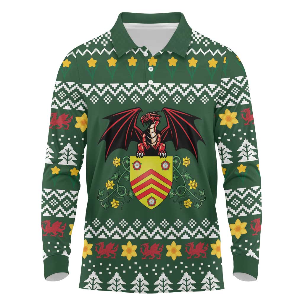 Glamorgan Wales Christmas Long Sleeve Polo Shirt Cymru Dragon And Daffodil - Wonder Print Shop