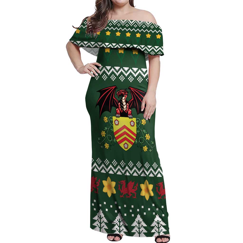 Glamorgan Wales Christmas Off Shoulder Maxi Dress Cymru Dragon And Daffodil - Wonder Print Shop