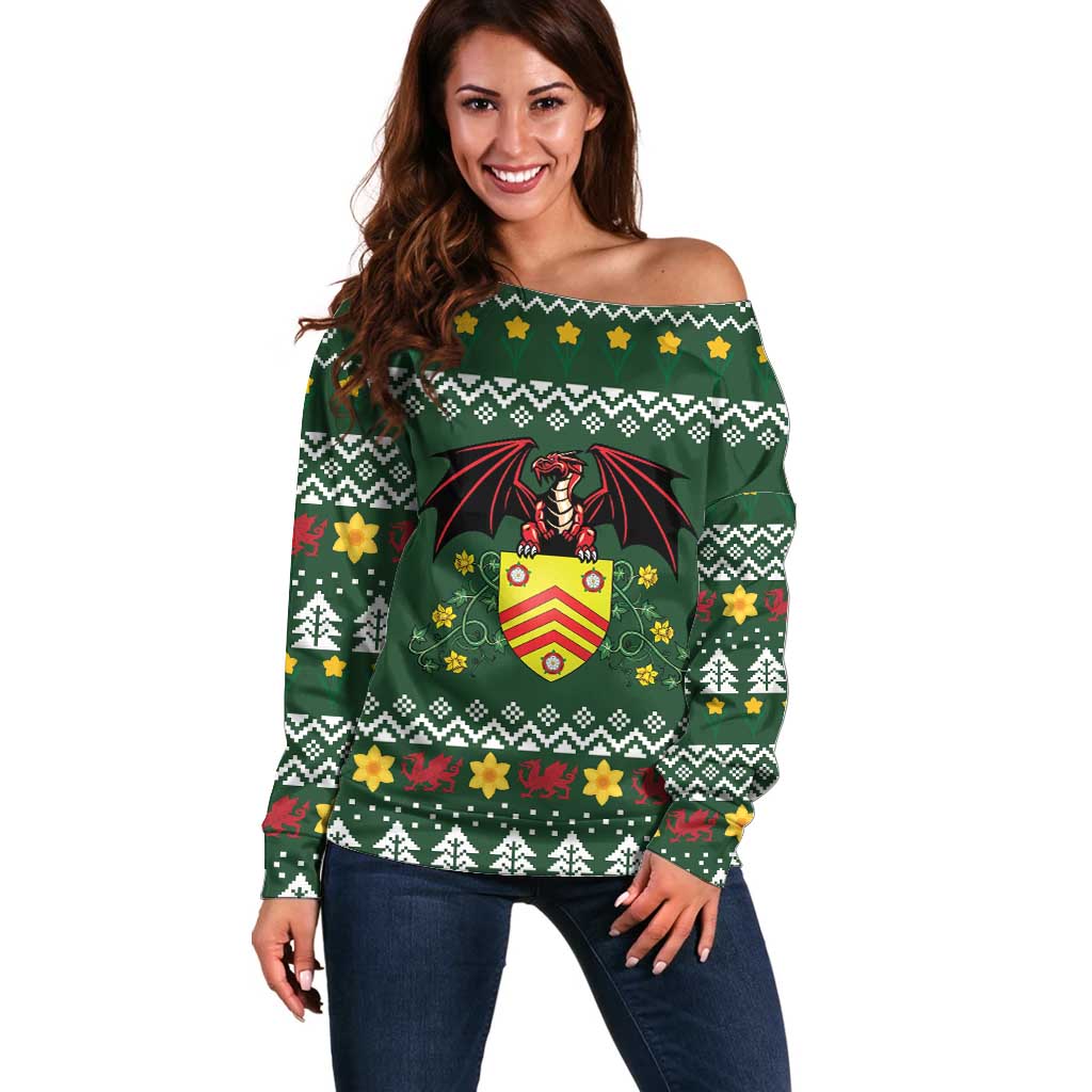 Glamorgan Wales Christmas Off Shoulder Sweater Cymru Dragon And Daffodil - Wonder Print Shop
