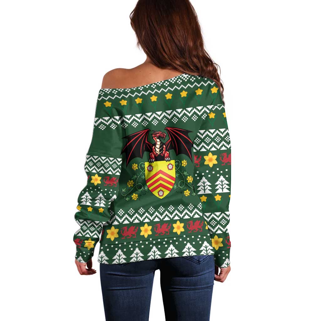 Glamorgan Wales Christmas Off Shoulder Sweater Cymru Dragon And Daffodil - Wonder Print Shop