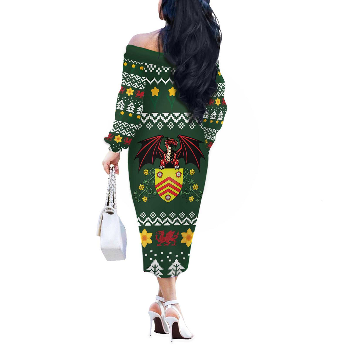Glamorgan Wales Christmas Off The Shoulder Long Sleeve Dress Cymru Dragon And Daffodil - Wonder Print Shop