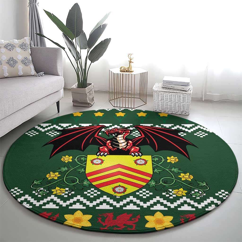 Glamorgan Wales Christmas Round Carpet Cymru Dragon And Daffodil - Wonder Print Shop