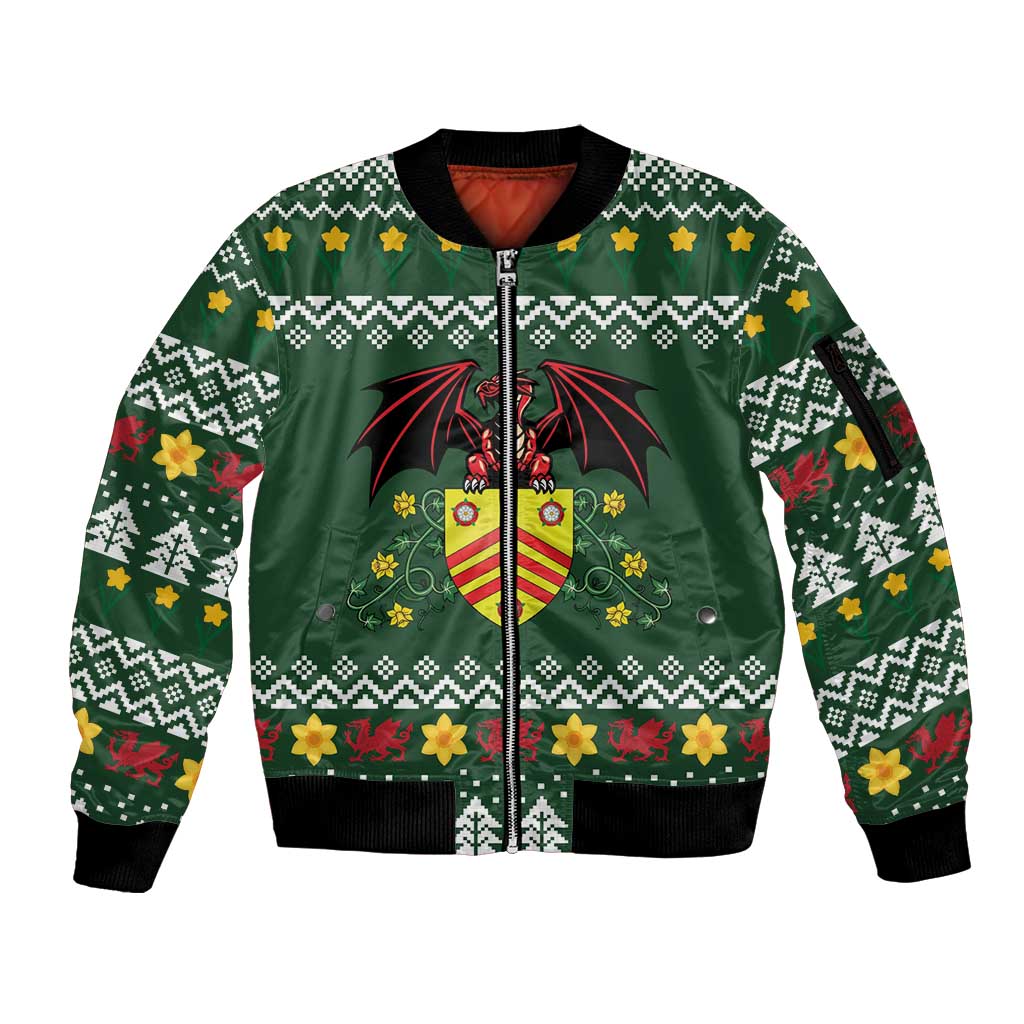 Glamorgan Wales Christmas Sleeve Zip Bomber Jacket Cymru Dragon And Daffodil - Wonder Print Shop