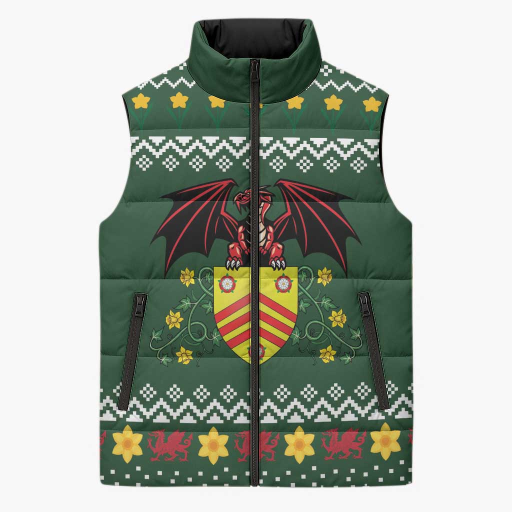 Glamorgan Wales Christmas Sleeveless Puffer Jacket Cymru Dragon And Daffodil - Wonder Print Shop