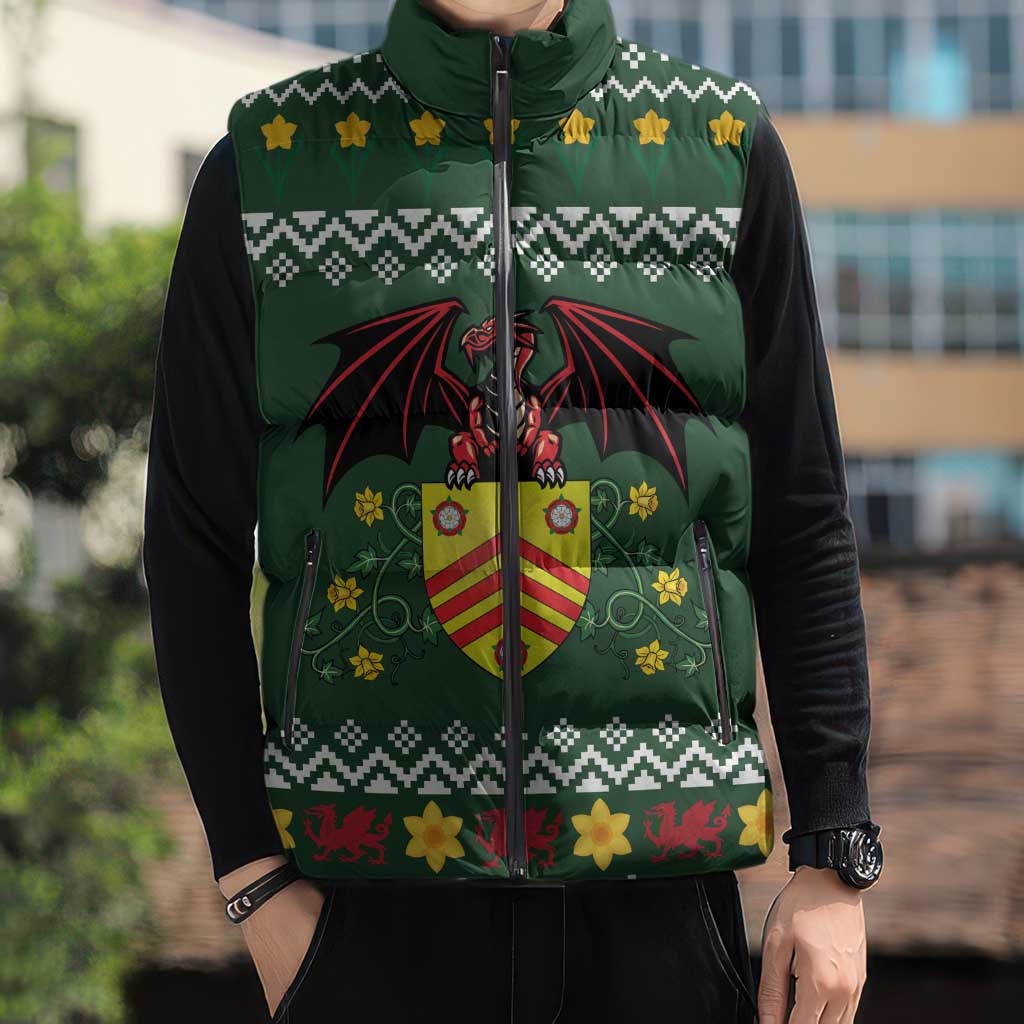 Glamorgan Wales Christmas Sleeveless Puffer Jacket Cymru Dragon And Daffodil - Wonder Print Shop