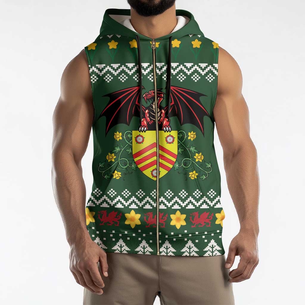 Glamorgan Wales Christmas Sleeveless Zip Hoodie Cymru Dragon And Daffodil - Wonder Print Shop