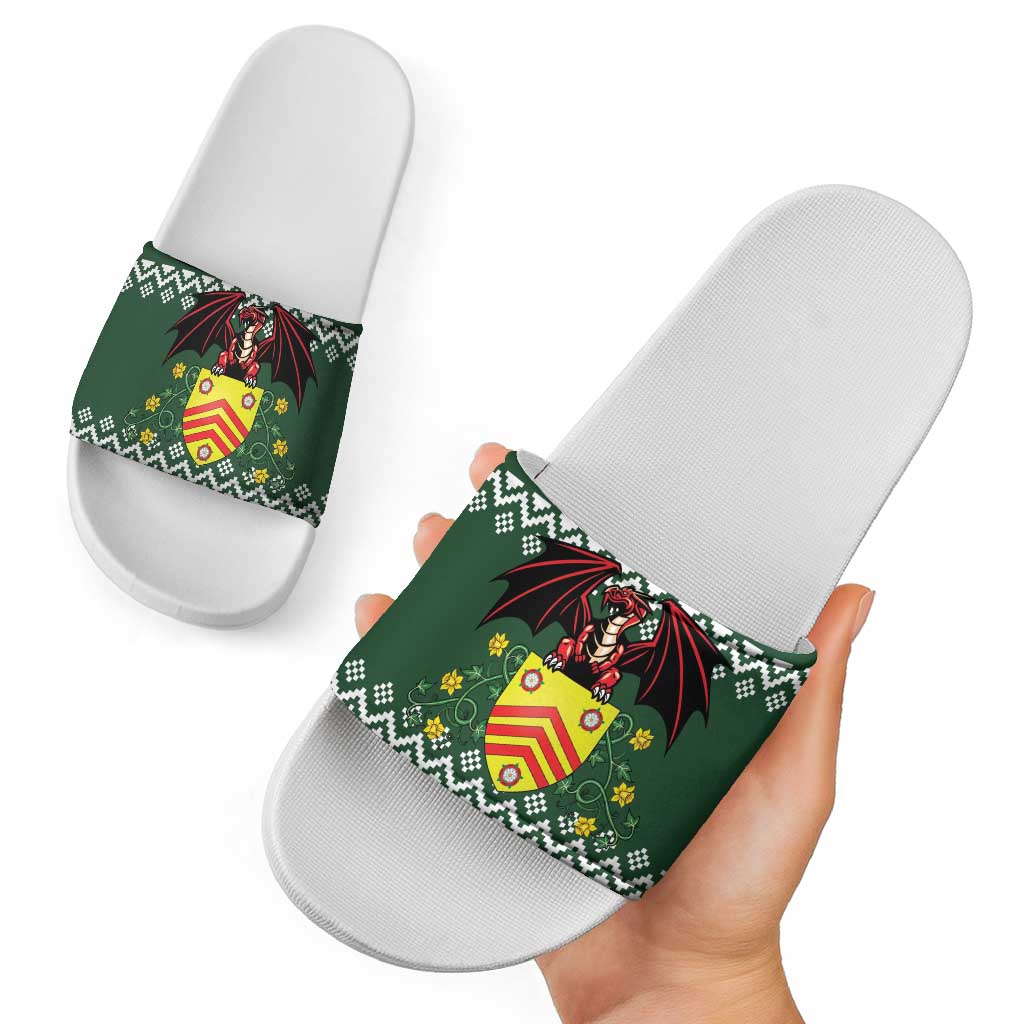 Glamorgan Wales Christmas Slide Sandals Cymru Dragon And Daffodil - Wonder Print Shop