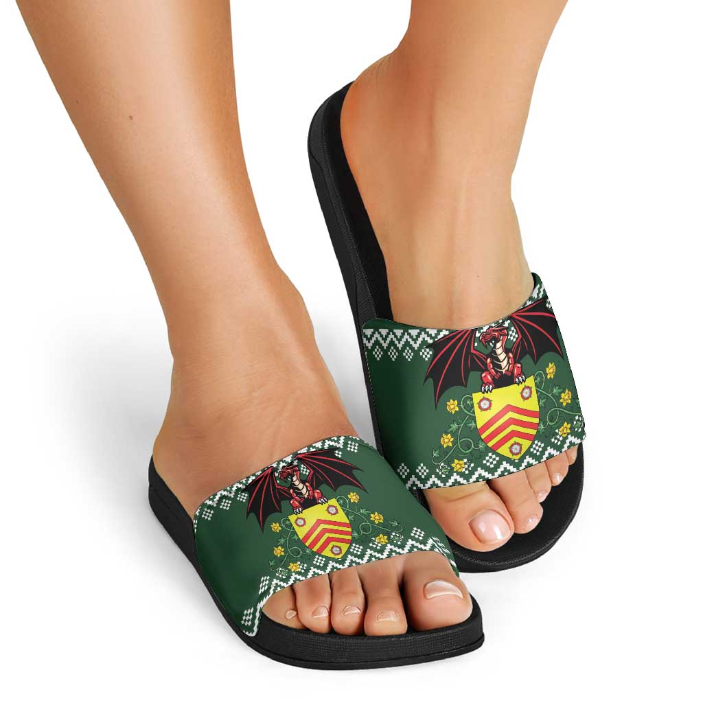 Glamorgan Wales Christmas Slide Sandals Cymru Dragon And Daffodil - Wonder Print Shop