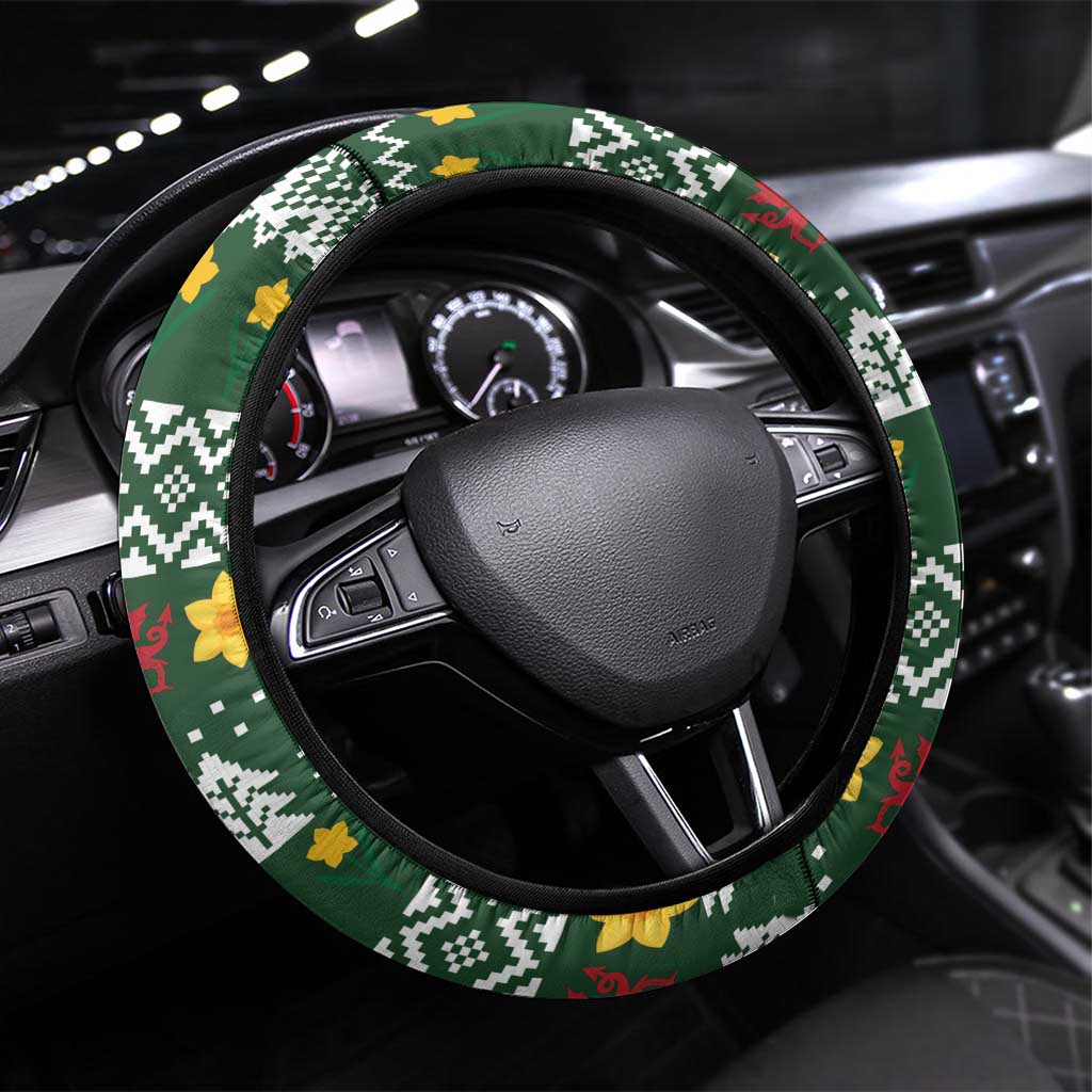 Glamorgan Wales Christmas Steering Wheel Cover Cymru Dragon And Daffodil - Wonder Print Shop