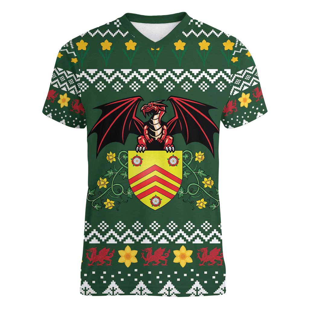Glamorgan Wales Christmas Women V-Neck T-Shirt Cymru Dragon And Daffodil - Wonder Print Shop