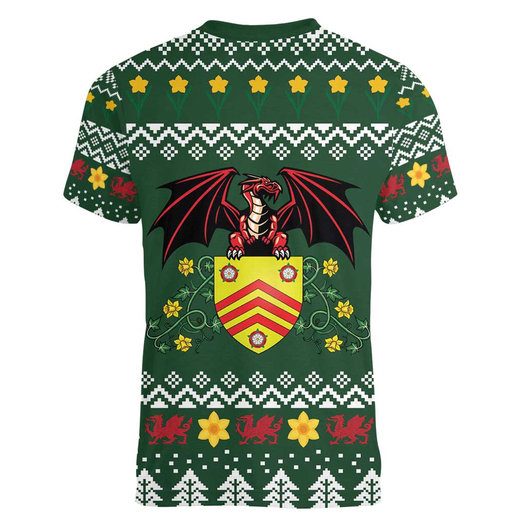 Glamorgan Wales Christmas Women V-Neck T-Shirt Cymru Dragon And Daffodil - Wonder Print Shop