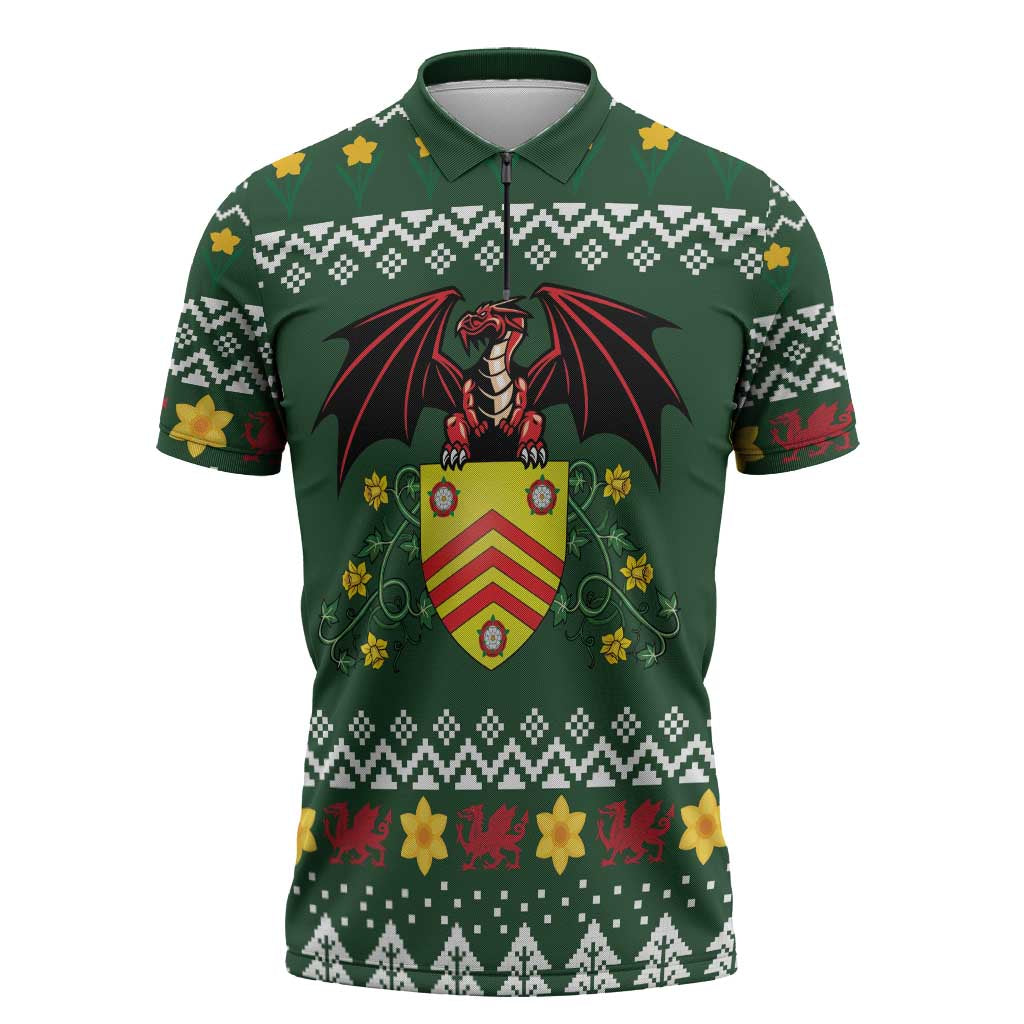 Glamorgan Wales Christmas Zipper Polo Shirt Cymru Dragon And Daffodil - Wonder Print Shop