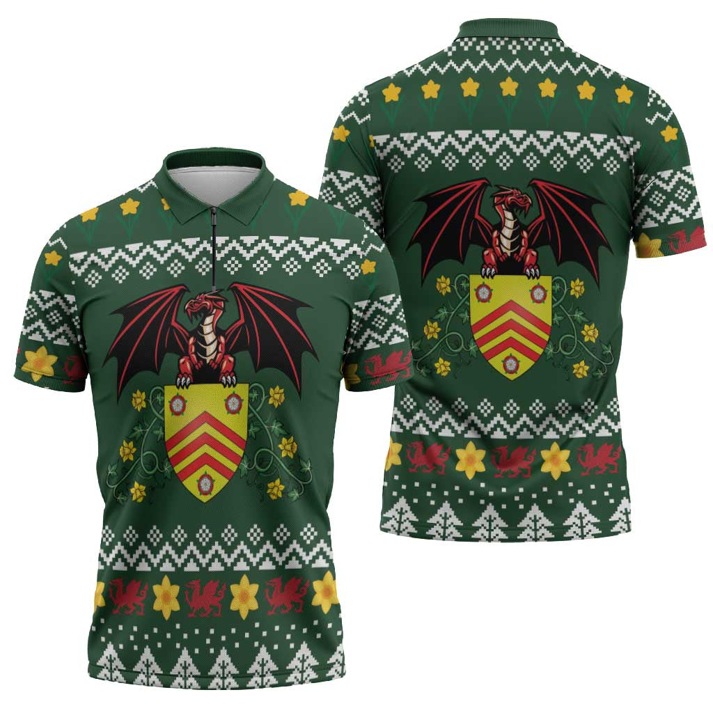 Glamorgan Wales Christmas Zipper Polo Shirt Cymru Dragon And Daffodil - Wonder Print Shop