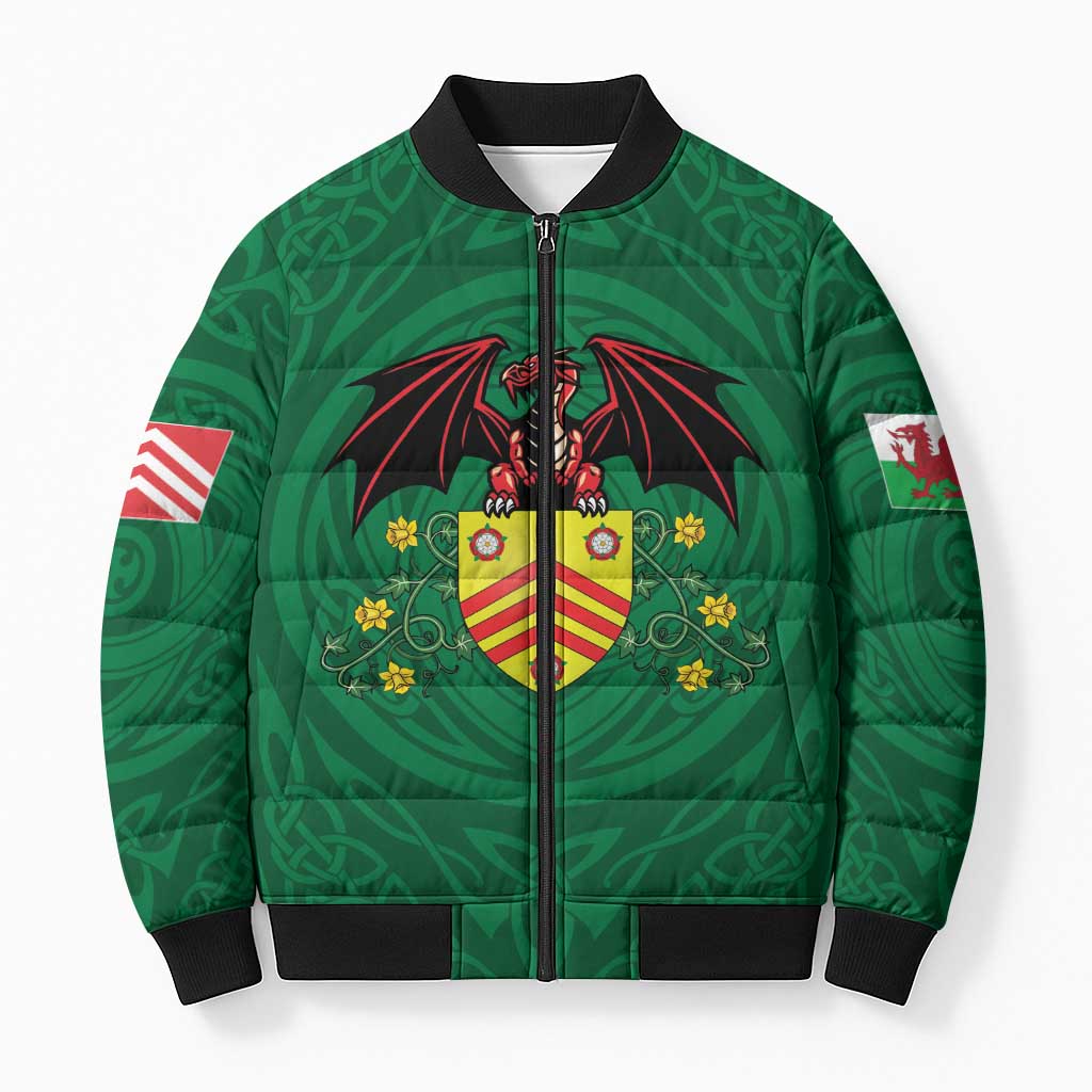 Personalized Glamorgan Wales Bomber Puffer Jacket Welsh Red Dragon And Daffodil - Wonder Print Shop