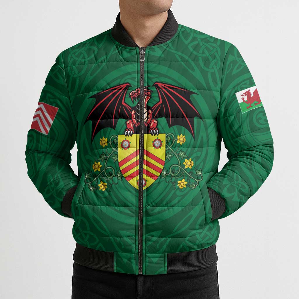 Personalized Glamorgan Wales Bomber Puffer Jacket Welsh Red Dragon And Daffodil - Wonder Print Shop