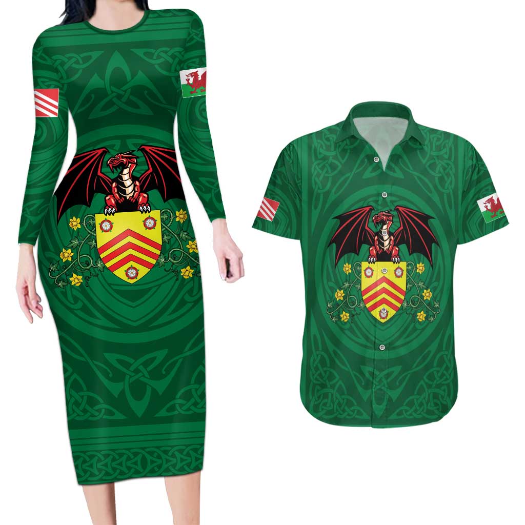 Personalized Glamorgan Wales Couples Matching Long Sleeve Bodycon Dress and Hawaiian Shirt Welsh Red Dragon And Daffodil - Wonder Print Shop