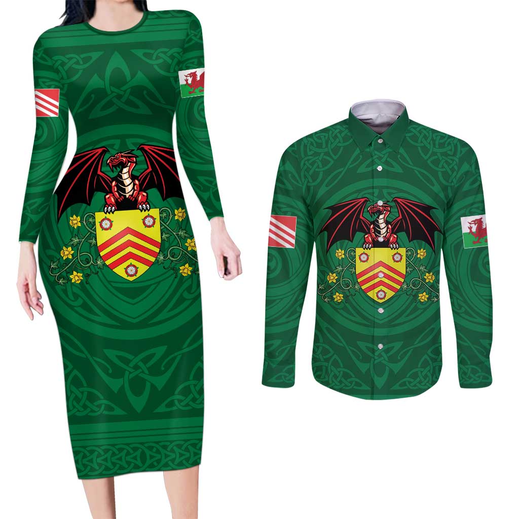 Personalized Glamorgan Wales Couples Matching Long Sleeve Bodycon Dress and Long Sleeve Button Shirt Welsh Red Dragon And Daffodil - Wonder Print Shop