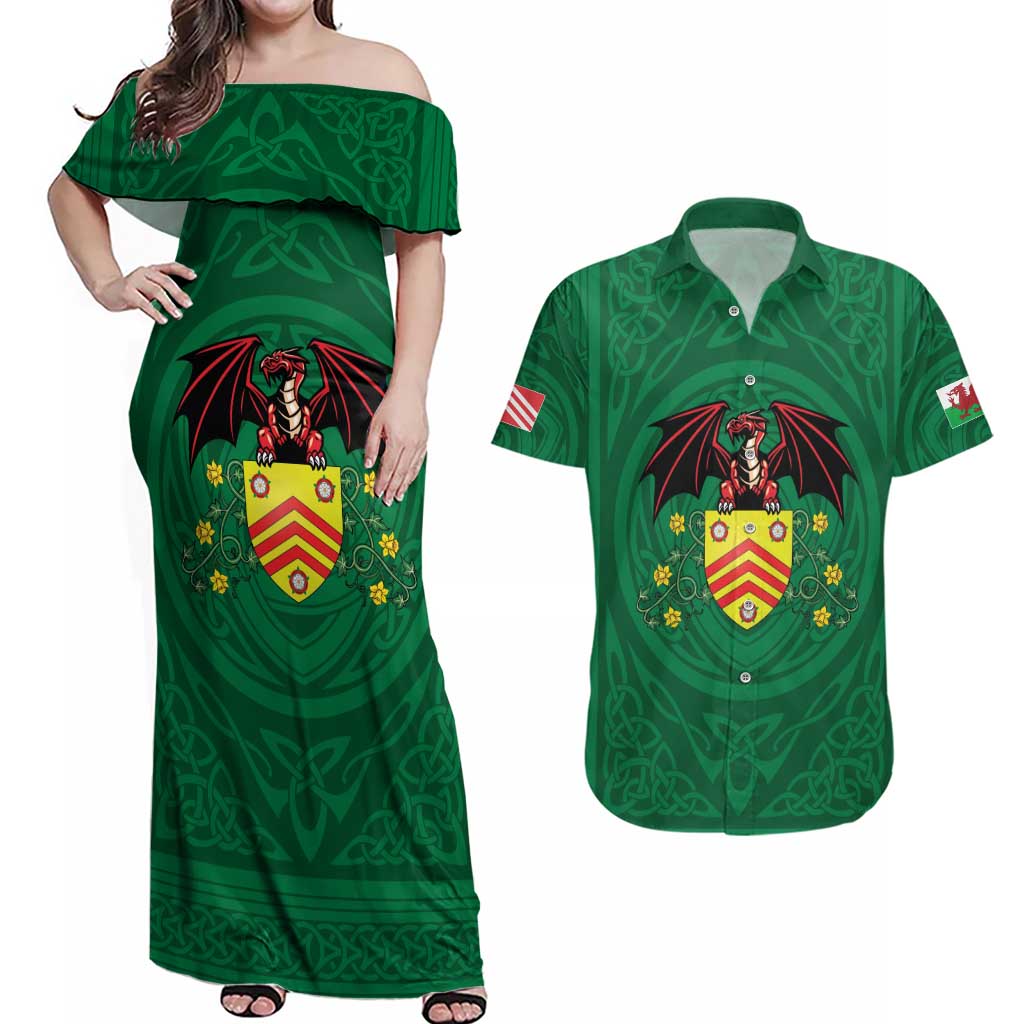 Personalized Glamorgan Wales Couples Matching Off Shoulder Maxi Dress and Hawaiian Shirt Welsh Red Dragon And Daffodil - Wonder Print Shop