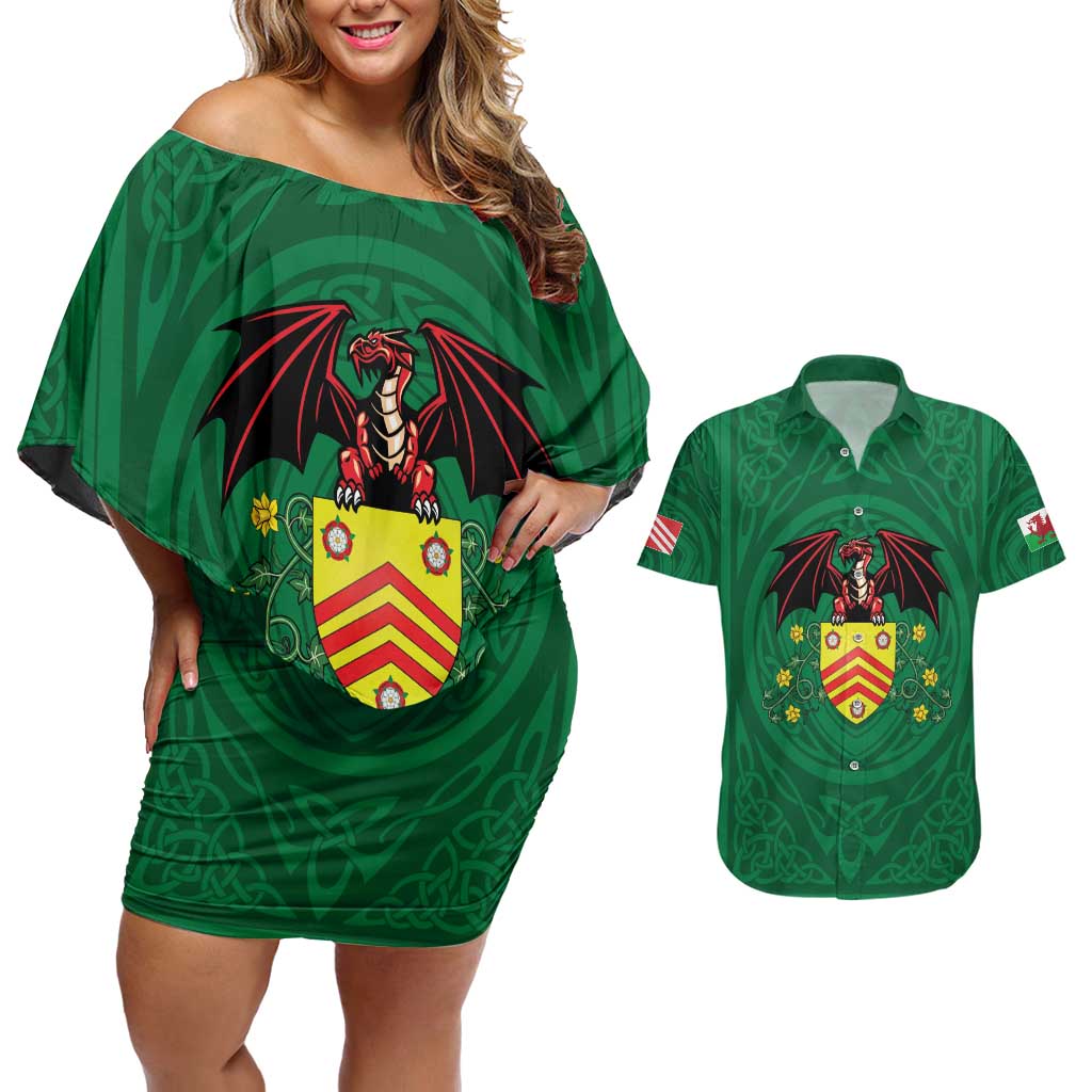 Personalized Glamorgan Wales Couples Matching Off Shoulder Short Dress and Hawaiian Shirt Welsh Red Dragon And Daffodil - Wonder Print Shop