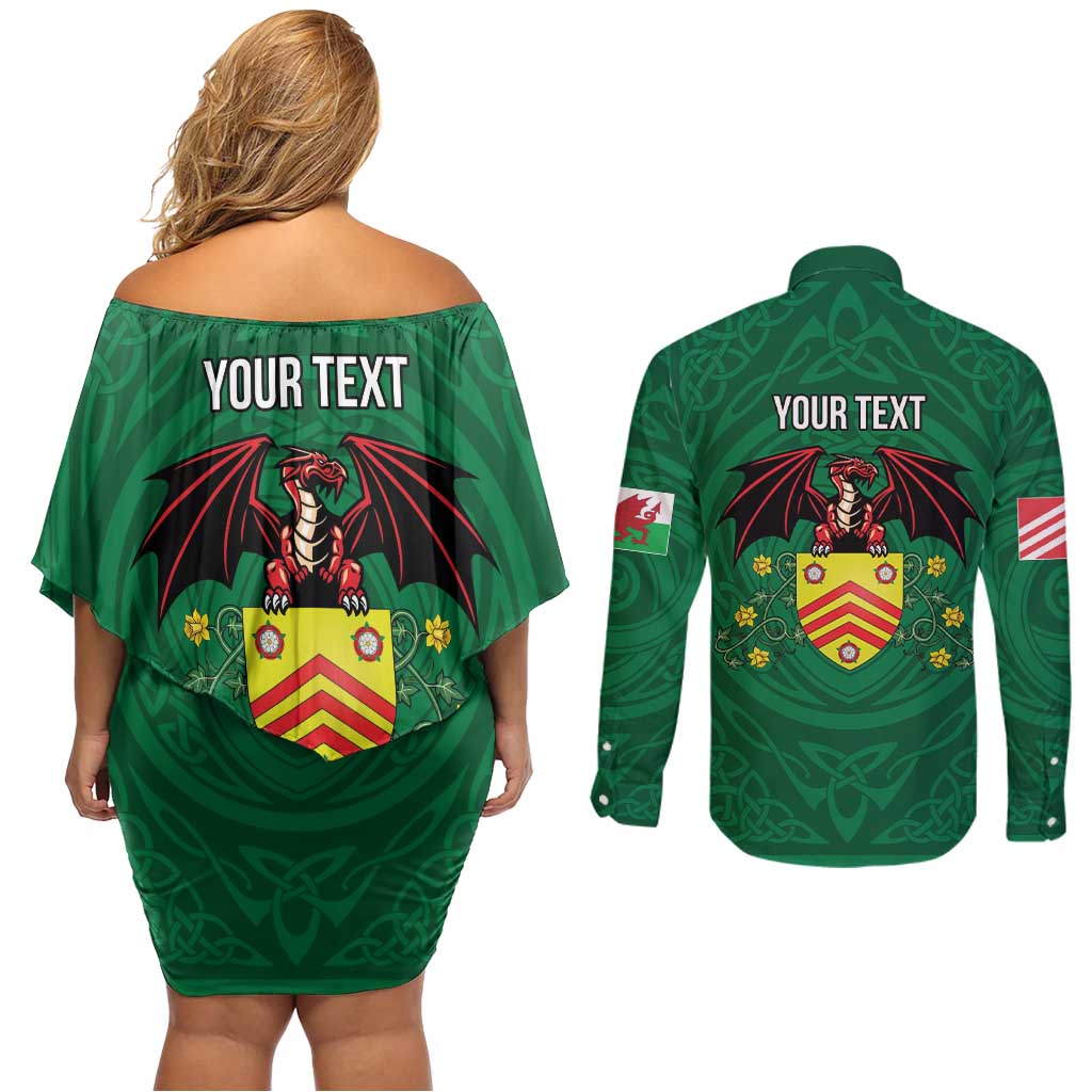 Personalized Glamorgan Wales Couples Matching Off Shoulder Short Dress and Long Sleeve Button Shirt Welsh Red Dragon And Daffodil - Wonder Print Shop