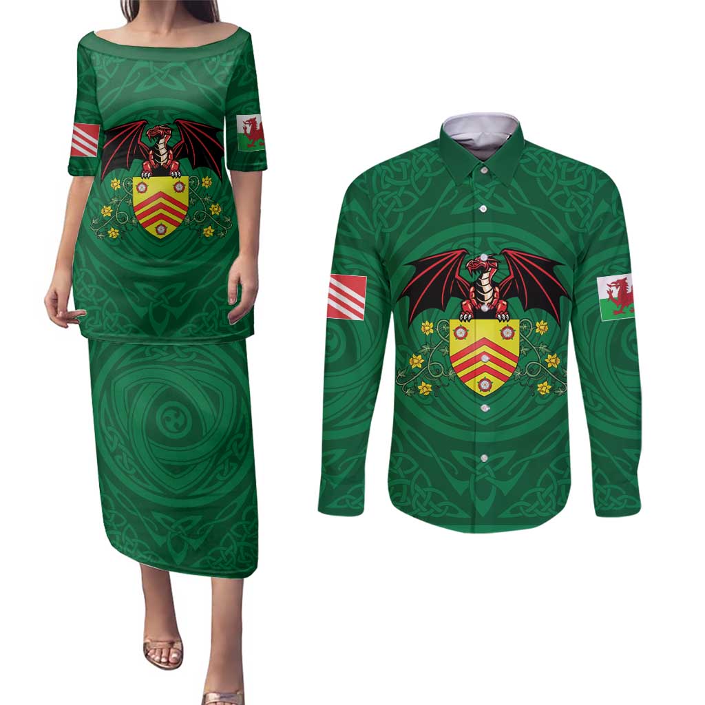 Personalized Glamorgan Wales Couples Matching Puletasi and Long Sleeve Button Shirt Welsh Red Dragon And Daffodil - Wonder Print Shop