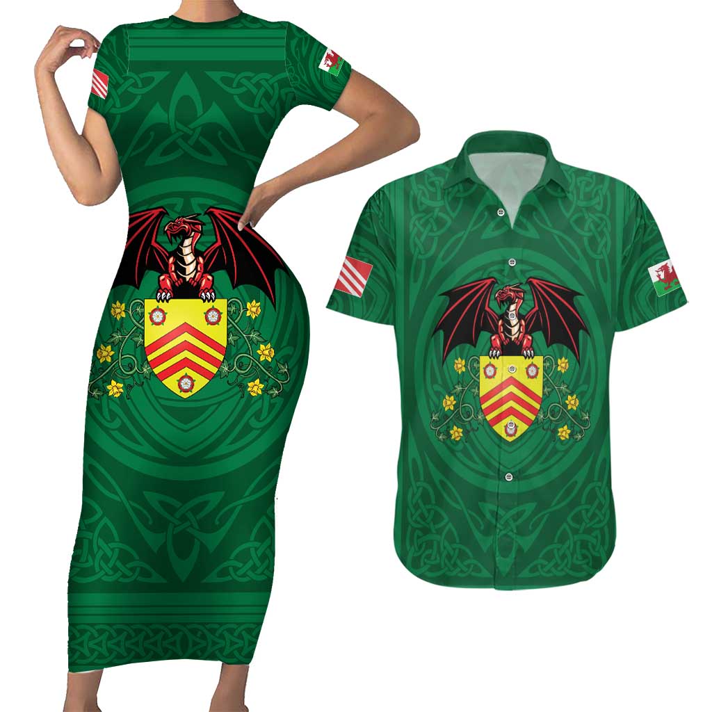 Personalized Glamorgan Wales Couples Matching Short Sleeve Bodycon Dress and Hawaiian Shirt Welsh Red Dragon And Daffodil - Wonder Print Shop