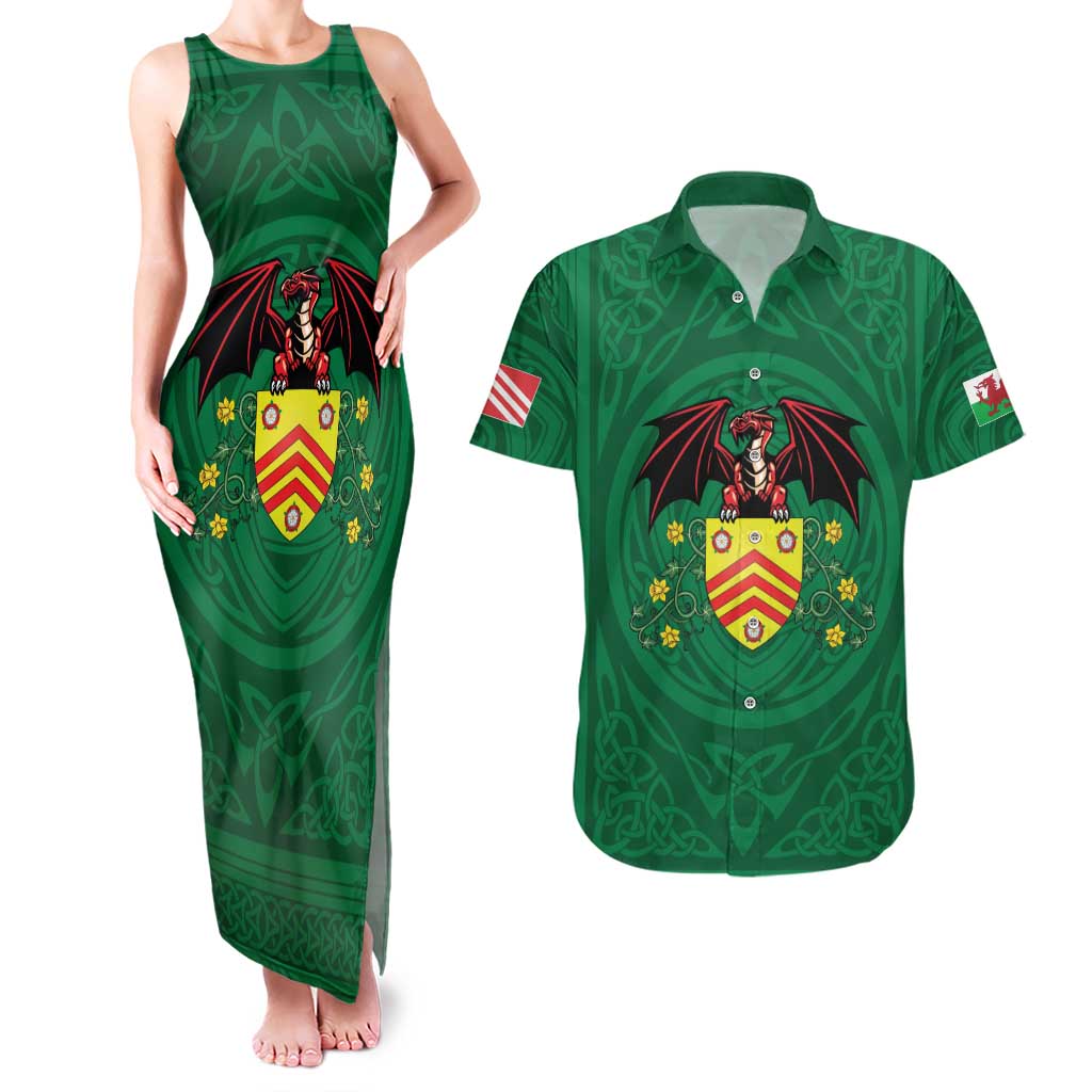 Personalized Glamorgan Wales Couples Matching Tank Maxi Dress and Hawaiian Shirt Welsh Red Dragon And Daffodil - Wonder Print Shop