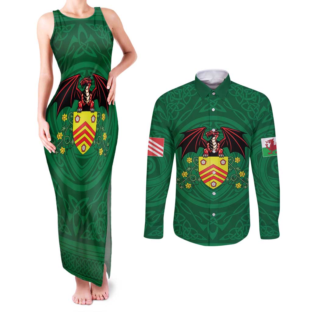 Personalized Glamorgan Wales Couples Matching Tank Maxi Dress and Long Sleeve Button Shirt Welsh Red Dragon And Daffodil - Wonder Print Shop