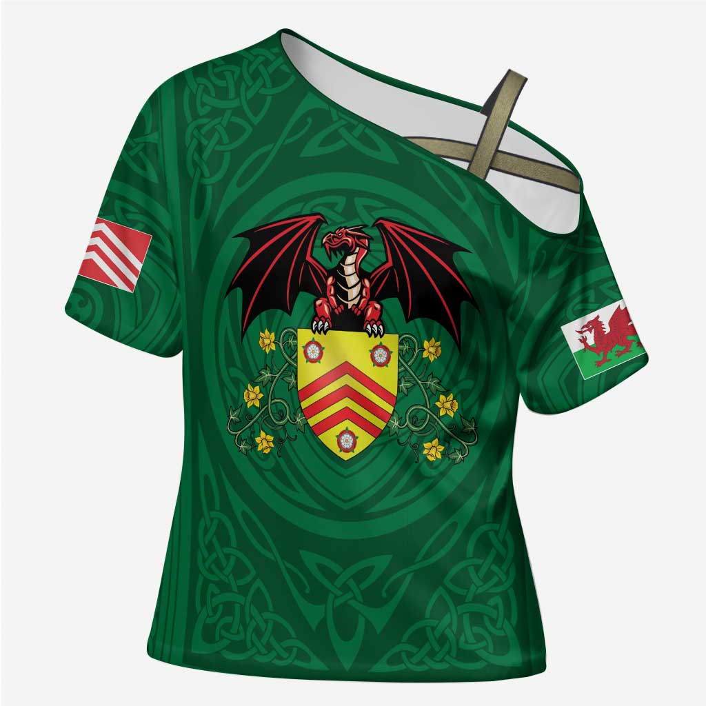 Personalized Glamorgan Wales Cross Shoulder Shirt Welsh Red Dragon And Daffodil - Wonder Print Shop