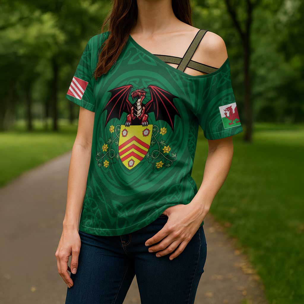 Personalized Glamorgan Wales Cross Shoulder Shirt Welsh Red Dragon And Daffodil - Wonder Print Shop