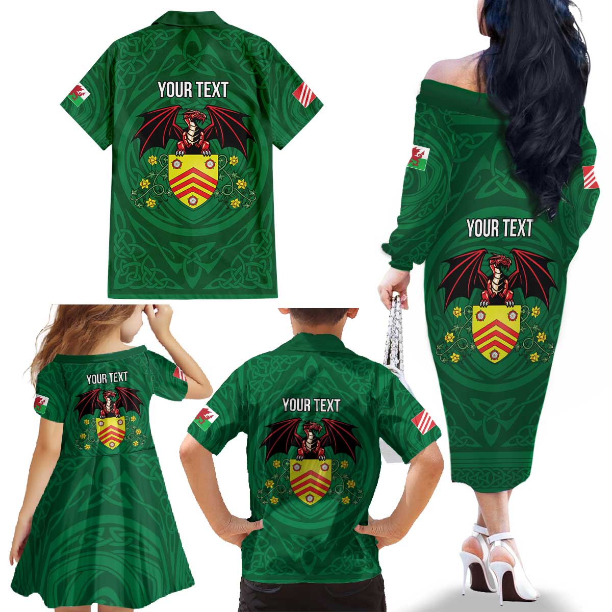 Personalized Glamorgan Wales Family Matching Off The Shoulder Long Sleeve Dress and Hawaiian Shirt Welsh Red Dragon And Daffodil - Wonder Print Shop