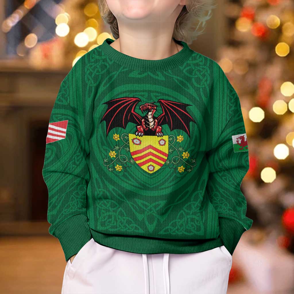 Personalized Glamorgan Wales Kid Ugly Christmas Sweater Welsh Red Dragon And Daffodil - Wonder Print Shop