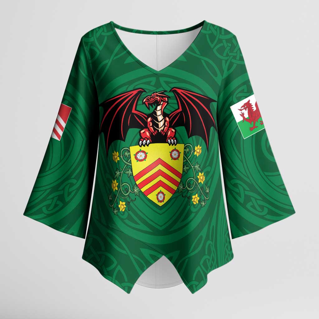 Personalized Glamorgan Wales Kimono Sleeve Blouse Welsh Red Dragon And Daffodil - Wonder Print Shop