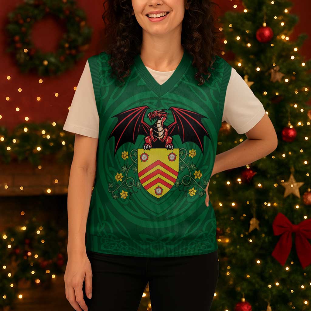 Personalized Glamorgan Wales Christmas Knitted V-Neck Vest Welsh Red Dragon And Daffodil - Wonder Print Shop
