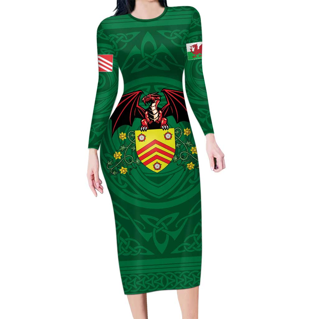 Personalized Glamorgan Wales Long Sleeve Bodycon Dress Welsh Red Dragon And Daffodil - Wonder Print Shop
