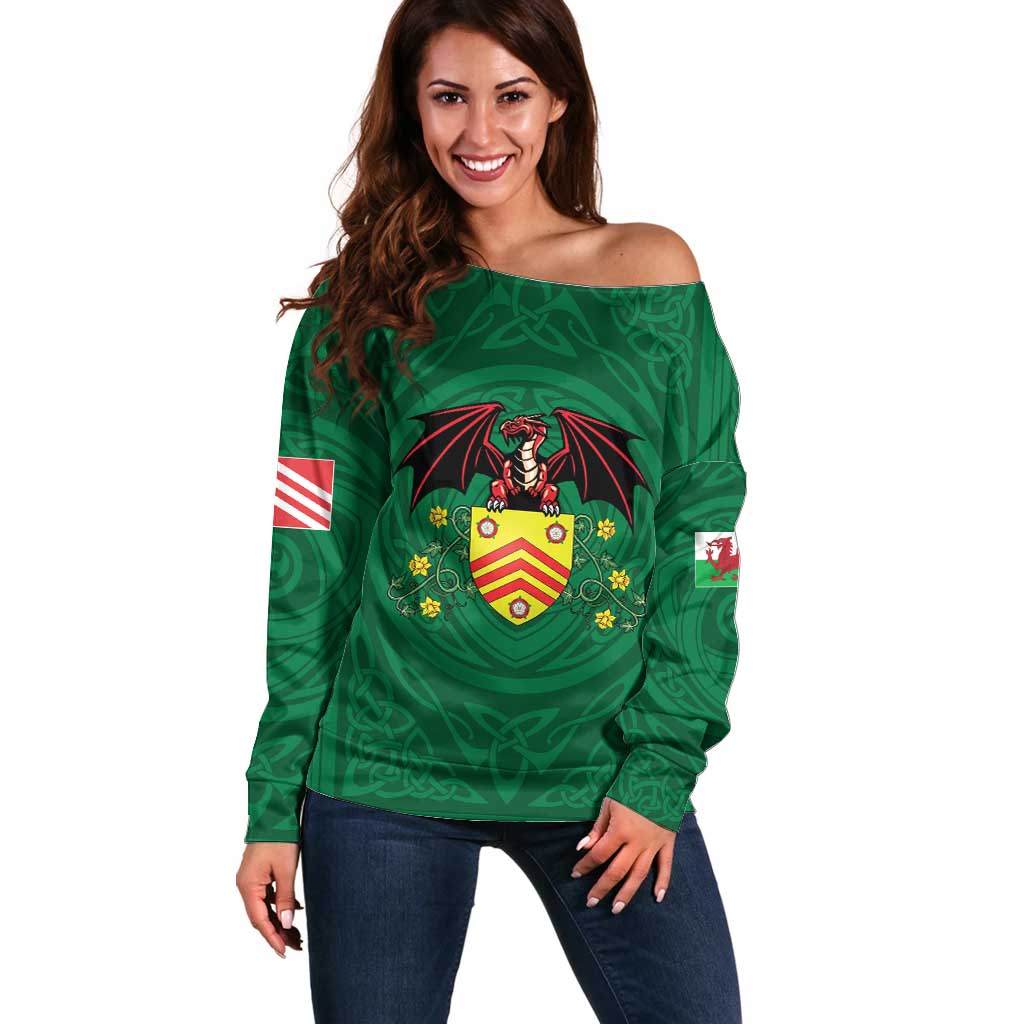 Personalized Glamorgan Wales Off Shoulder Sweater Welsh Red Dragon And Daffodil - Wonder Print Shop