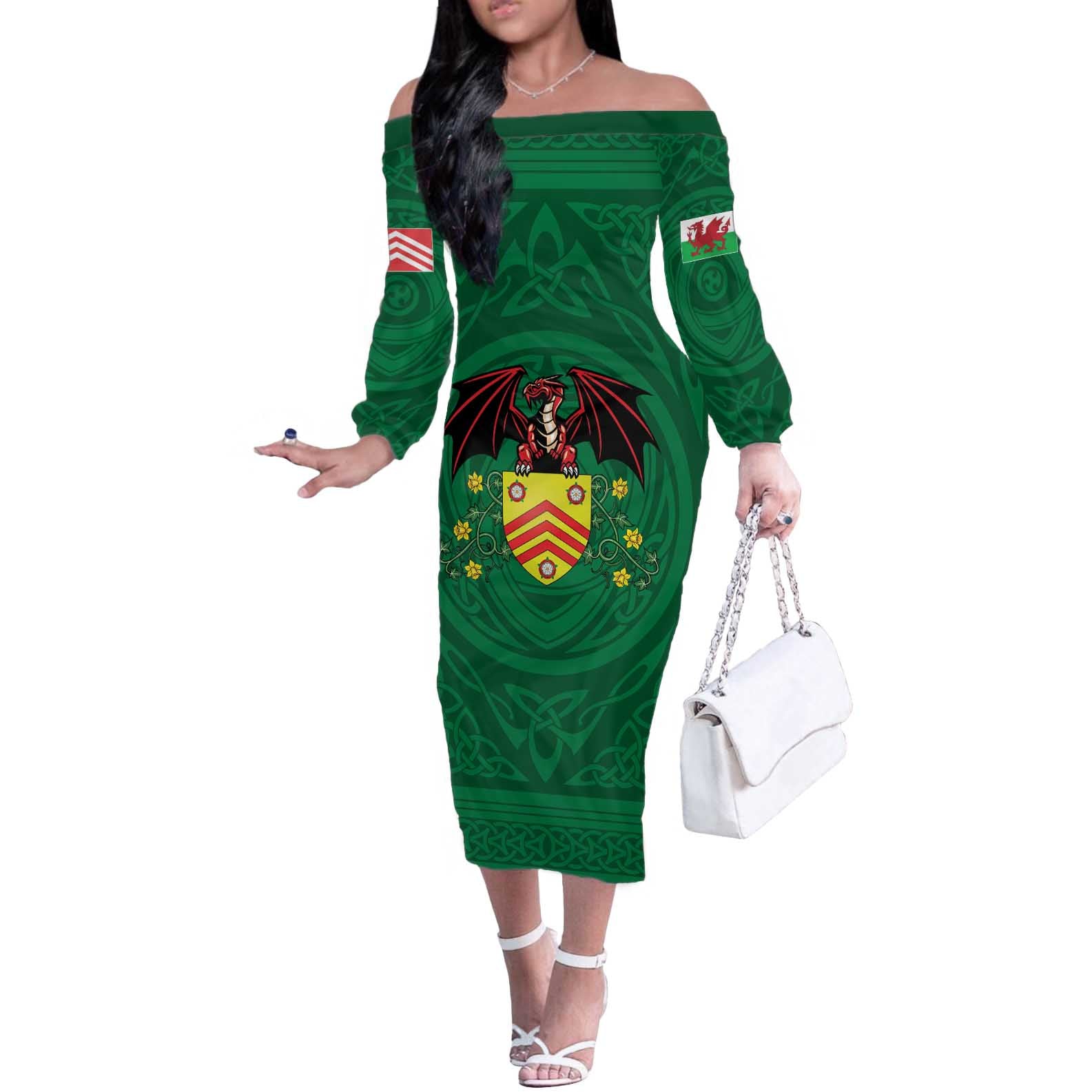 Personalized Glamorgan Wales Off The Shoulder Long Sleeve Dress Welsh Red Dragon And Daffodil - Wonder Print Shop