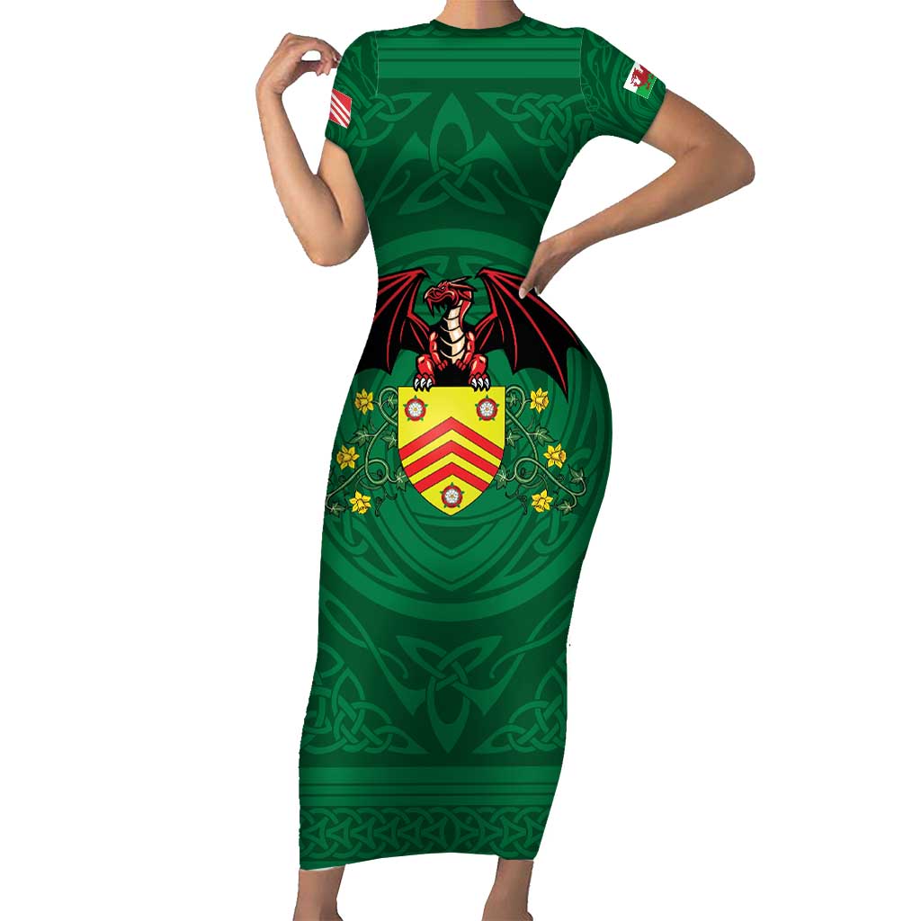 Personalized Glamorgan Wales Short Sleeve Bodycon Dress Welsh Red Dragon And Daffodil - Wonder Print Shop