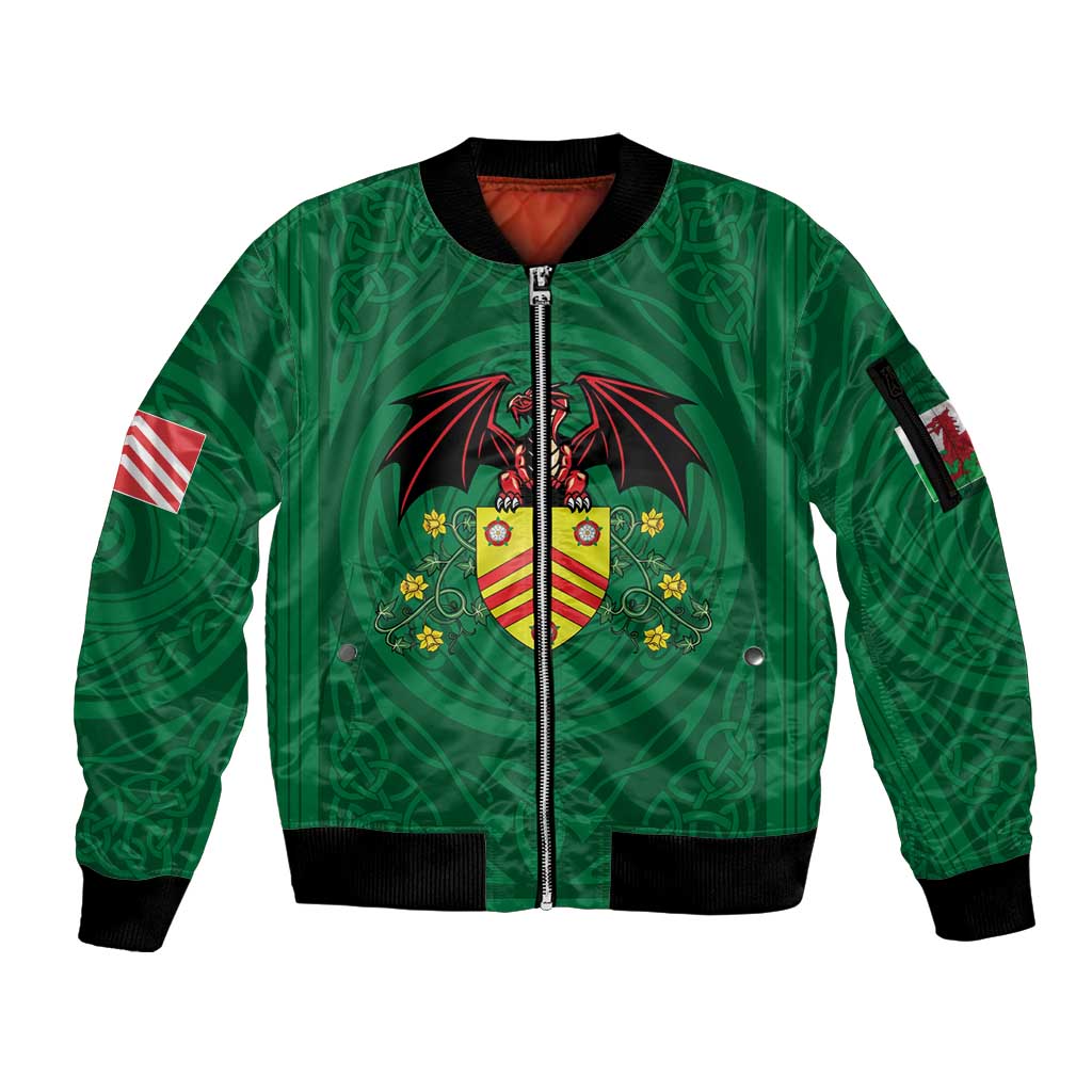 Personalized Glamorgan Wales Sleeve Zip Bomber Jacket Welsh Red Dragon And Daffodil - Wonder Print Shop