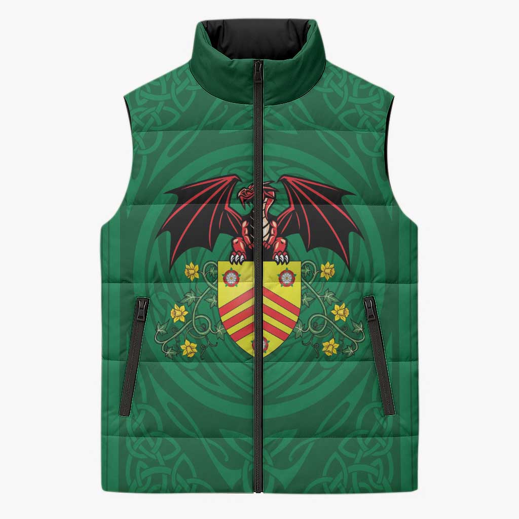 Personalized Glamorgan Wales Sleeveless Puffer Jacket Welsh Red Dragon And Daffodil - Wonder Print Shop