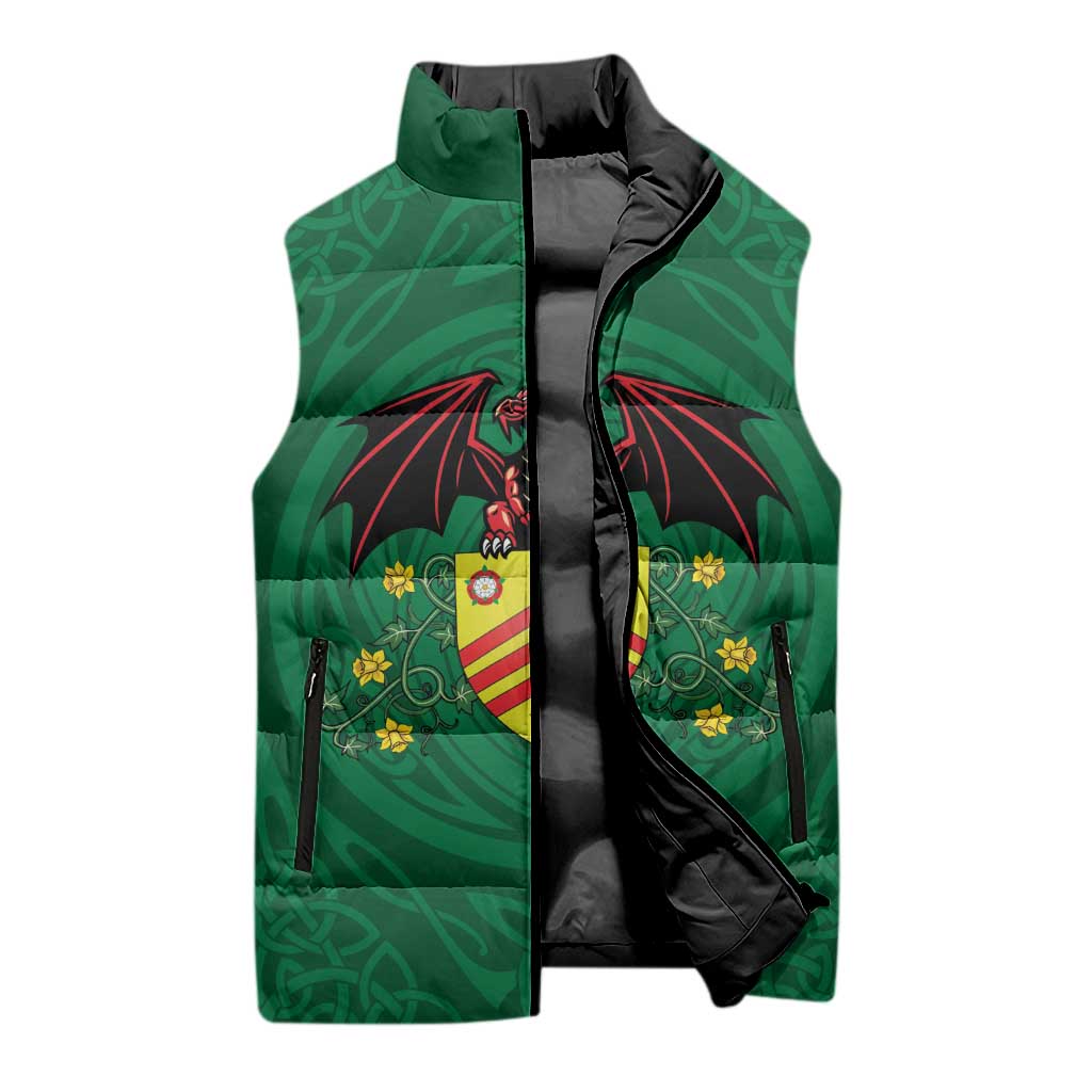Personalized Glamorgan Wales Sleeveless Puffer Jacket Welsh Red Dragon And Daffodil - Wonder Print Shop